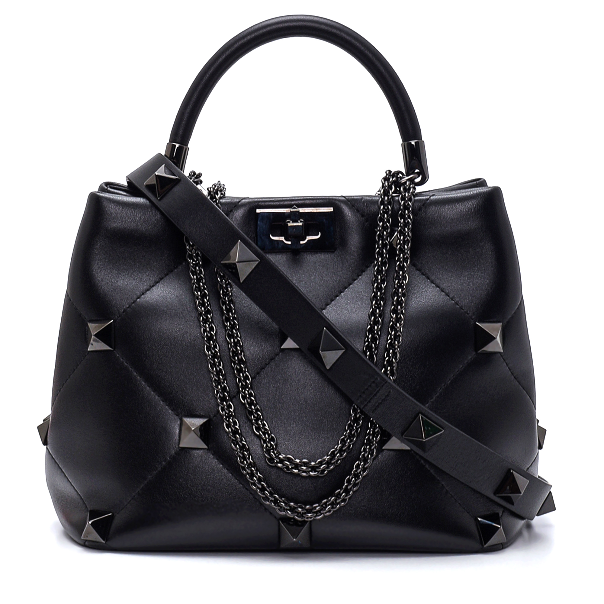 Valentino - Black Lambskin Leather Quilted Medium Stud Roman Bag